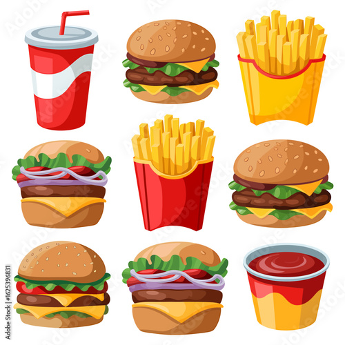 Assortment of cartoon fast food including burgers french fries soda and ketchup offering a delicious meal temptation