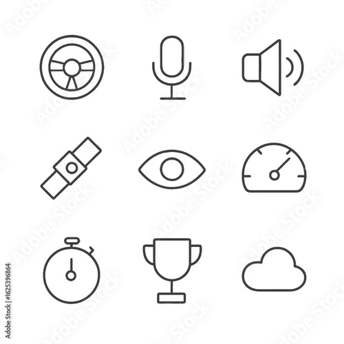Minimalistic linear icons on blurred background: technology, media, and fitness elements