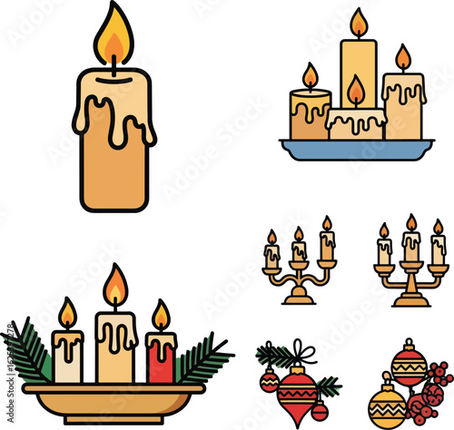 A vector icon set of Christmas decorations with lit candles, candelabras, and hanging bauble ornaments.