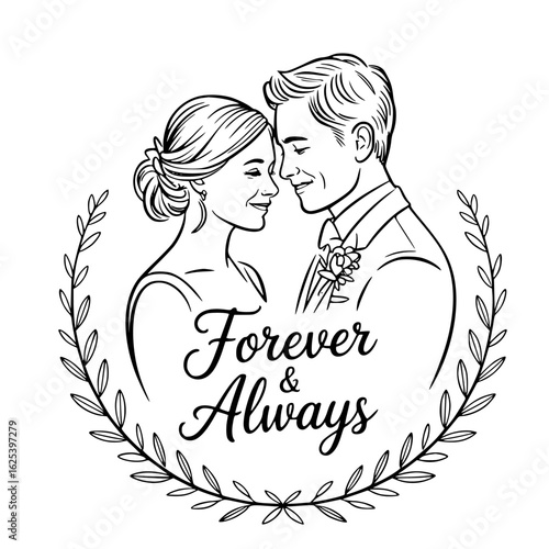 Forever & Always: A romantic line art illustration portrays a loving couple, eyes closed, heads touching, embraced in a laurel wreath symbolizing eternal love and commitment.
