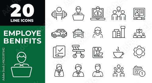 Collection of twenty simple line art icons representing various employee benefits and work related concepts