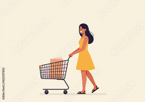 A woman in a yellow dress pushing a shopping cart filled with boxes on a cream background scene