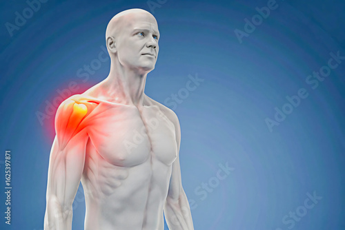 Shoulder Muscle Pain – 3D Medical Anatomy Illustration, Localized Shoulder Inflammation in Human Muscular System, 3D Anatomy of Shoulder Injury – Male Body Muscle Pain Visualization