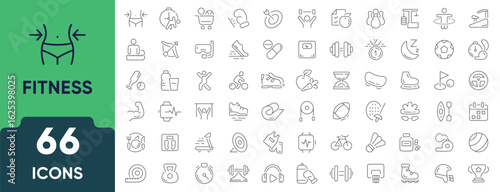 Fitness and Gym line icon set. Includes 66 outline icons related to exercise, workout, weightlifting, training, health, and physical activity. Outline icon collection. Editable stroke.
