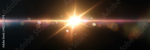 Bright light flare with lens effects and starburst on dark background