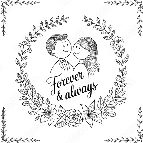 Eternal Love: A heartfelt illustration of a couple surrounded by a floral wreath, symbolizing the timeless bond of love. This piece encapsulates the romantic notion of 'forever and always'.