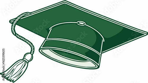 Green graduation cap with tassel isolated on white background, representing academic achievement and the successful completion of studies