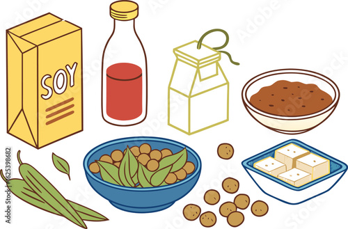 Collection of soy products and ingredients isolated on transparent background