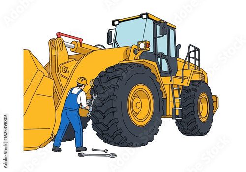 An illustration shows a mechanic in blue overalls repairing a large yellow bulldozer with a wrench.