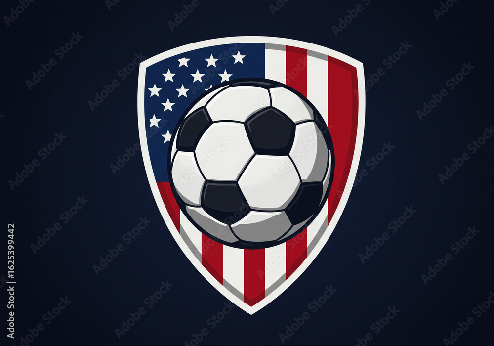 Obraz premium A soccer ball on a shield with the american flag in the background on a dark blue background