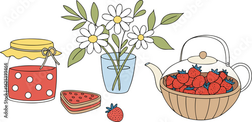 Colorful still life with strawberries, flowers, and tea
