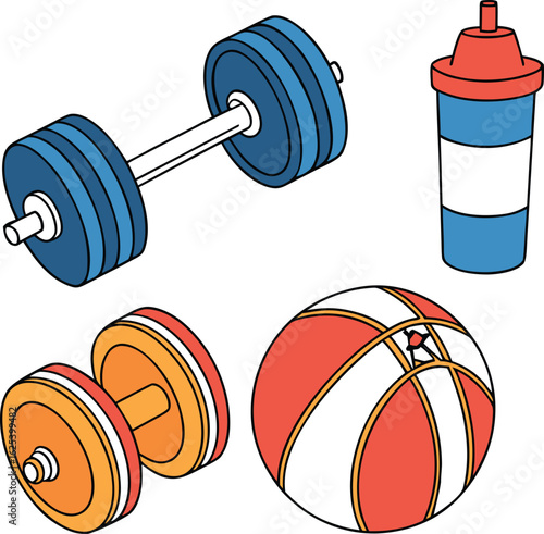 Collection of colorful fitness equipment including dumbbells a basketball and a shaker bottle isolated on transparent background