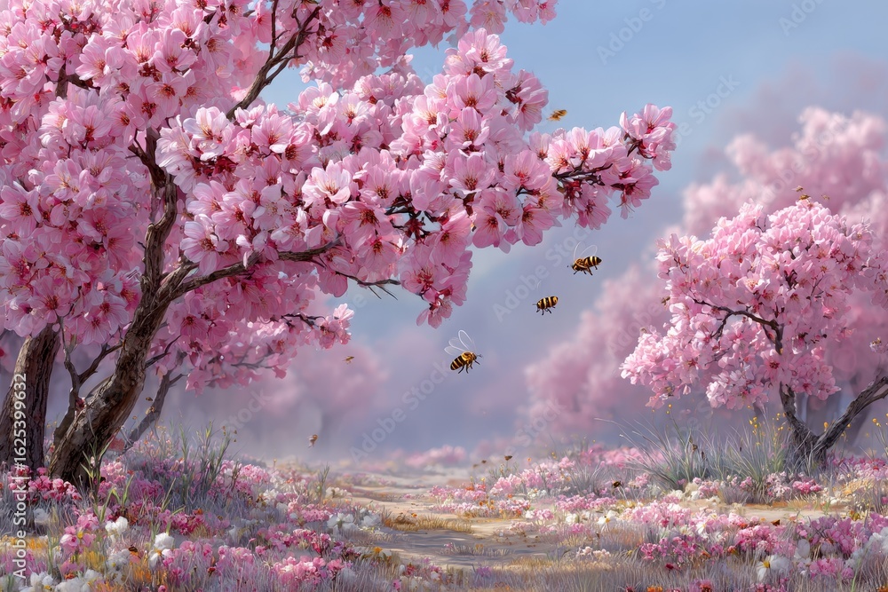 Pink cherry blossom trees line the walking path as bees gather pollen in the Spring season Pink cherry blossom trees line the walking path as bees gather pollen in the Spring season