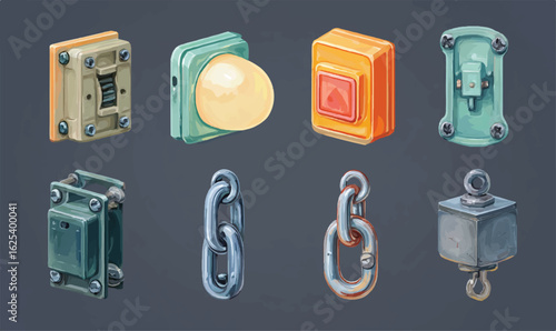 Collection of Various Cartoon Style Mechanical and Electrical Components in Detailed Artistic Representation on Neutral Background