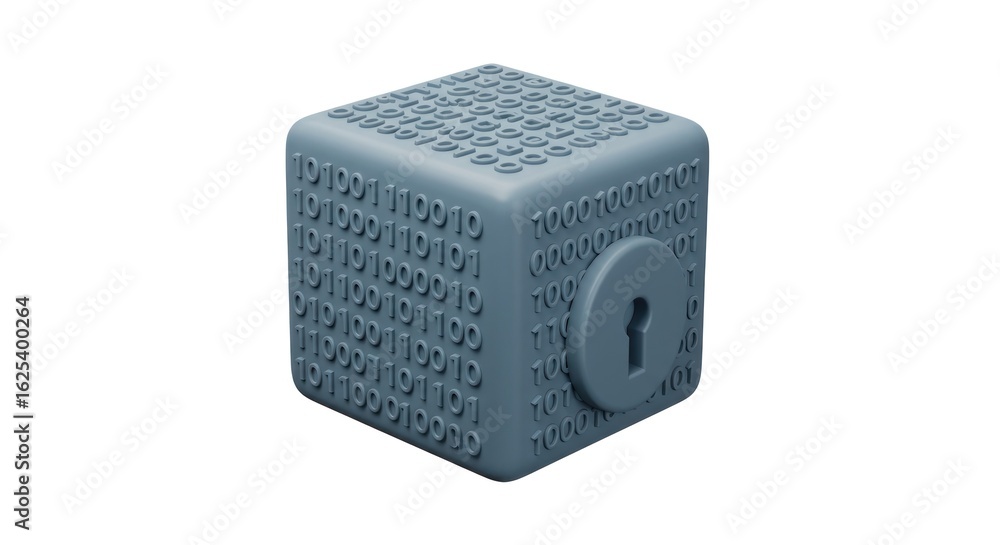 Obraz premium Cyber Security Concept: Binary Code Cube with Keyhole, Data Protection.