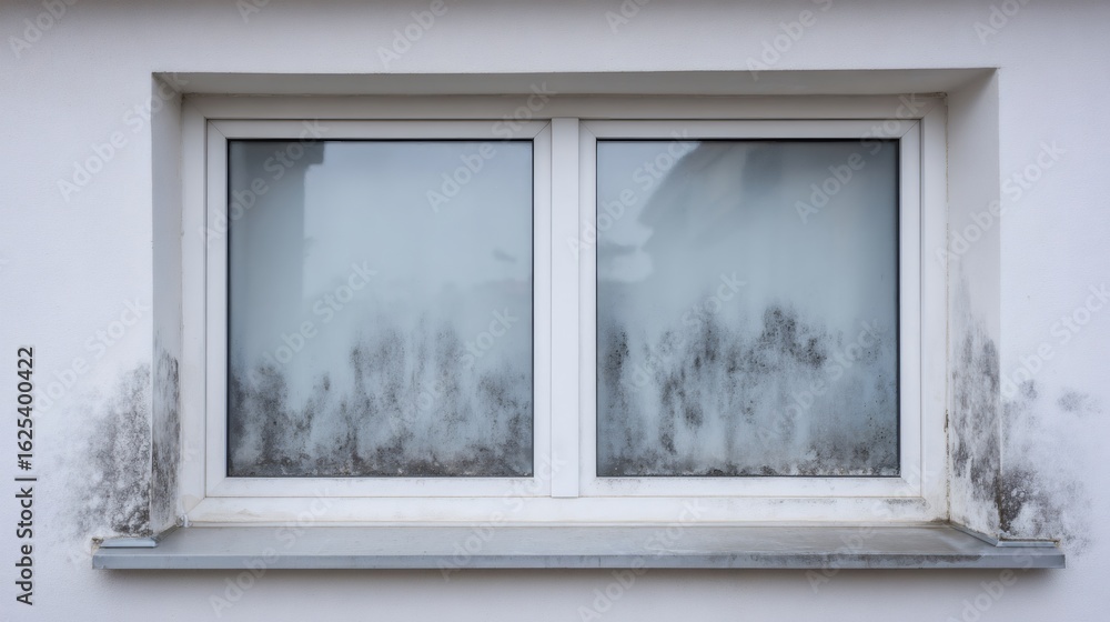 Fototapeta premium Black mold growing on white wall around window frame