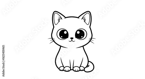 Cute Cartoon Cat with Big Eyes Line Art