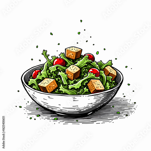 Salad with lettuce, tomatoes, and cubes of tofu in a bowl  