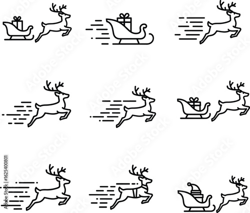 A collection of nine minimalist line art illustrations depicting Santa's reindeer pulling a sleigh with a gift, shown in motion.