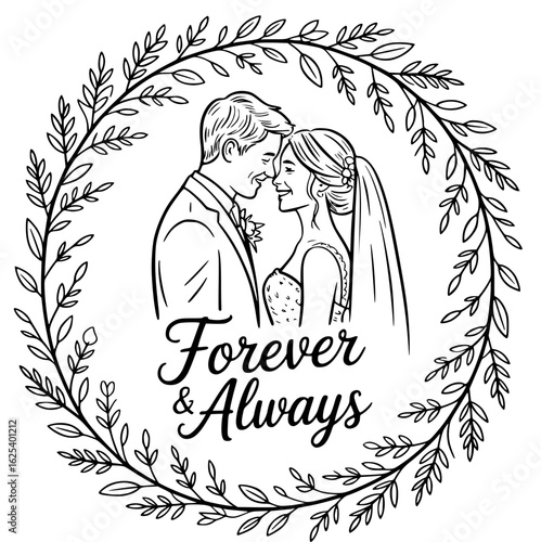 Everlasting Love: An elegant illustration captures a tender moment between a bride and groom, framed by a delicate wreath of leaves and the promise of Forever & Always.