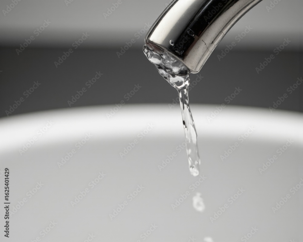 Macro shot: Clear water droplet hangs from a polished stainless steel handrail, overlooking a circular basin. Droplet shows perfect reflection of flowing water below. Macro shot: Clear water droplet hangs from a polished stainless steel handrail, overlooking a circular basin. Droplet shows perfect reflection of flowing water below.