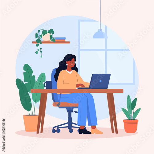Minimalist flat vector of a woman doing remote work at home, sitting at a stylish desk with a laptop, plant, and coffee mug.