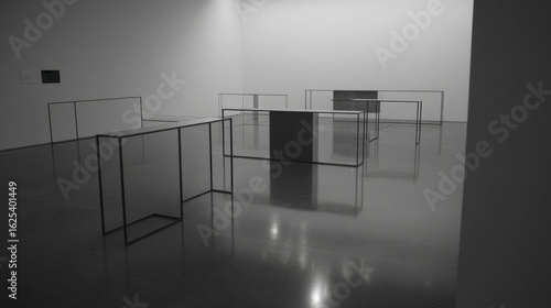 Modern, empty office interior with a sleek design, featuring a large window, a chair, and a table