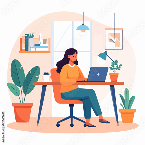 Minimalist flat vector of a woman doing remote work at home, sitting at a stylish desk with a laptop, plant, and coffee mug.