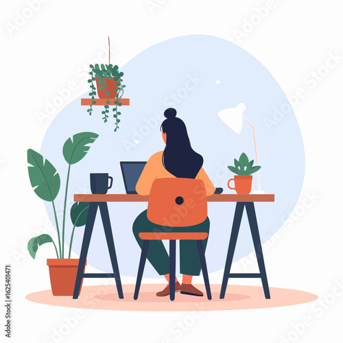 Minimalist flat vector of a woman doing remote work at home, sitting at a stylish desk with a laptop, plant, and coffee mug.
