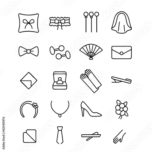 Fashion accessories linear icon set featuring bow tie, earrings, gloves, handkerchief, jewelry, and more