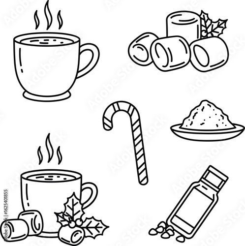 Line art illustration featuring hot chocolate mugs, marshmallows, candy cane, cocoa powder, and a chocolate bar, evoking a cozy winter holiday theme.