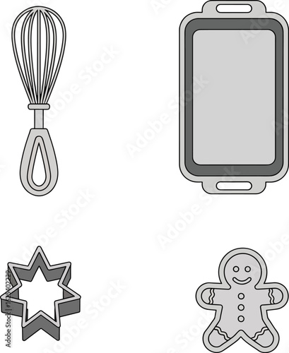 Illustration of baking equipment including a whisk, baking sheet, star cookie cutter, and gingerbread man cookie.