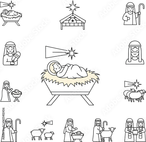 A collection of line art illustrations depicting the Nativity scene, including baby Jesus in a manger, Mary, shepherds, sheep, and the Star of Bethlehem.