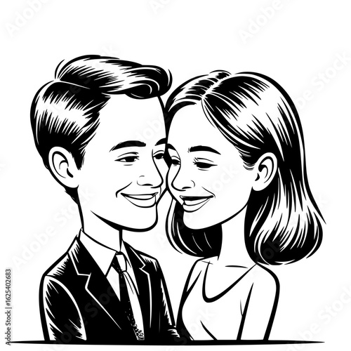 Love and Laughter in Black and White: A stylized illustration portrays a couple sharing an intimate moment, full of happiness and affection.