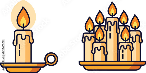 Illustration of a single candle in a holder and a group of lit candles on a tray, both with dripping wax.