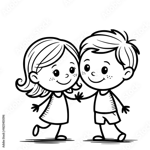Cartoon Kids' Friendship: A heartwarming monochrome illustration of a girl and boy, hand-in-hand, radiating joy and illustrating the bond of friendship, simple yet impactful.