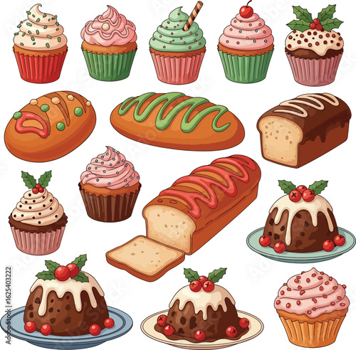 A collection of colorful cartoon-style baked goods including cupcakes, loaves of bread, and Christmas puddings, arranged in a visually appealing composition.