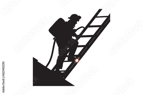 Silhouette of a firefighter in full gear ascending a ladder symbolizing courage rescue and emergency response in a stark dramatic visual