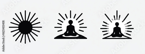 Meditation and Mindfulness Symbols with Sun Rays for Spiritual Wellness and Relaxation Concepts