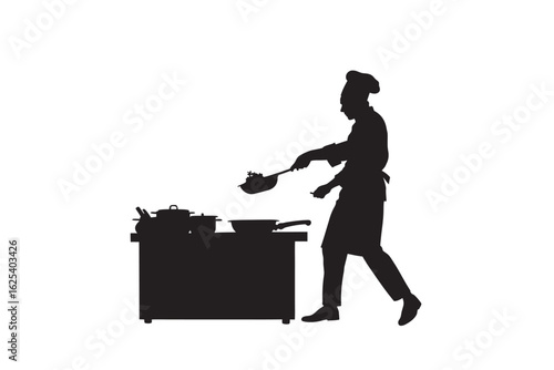 Silhouette of a chef wearing a hat and apron actively cooking and stirring food in a pan on a stove captured against a clean white background