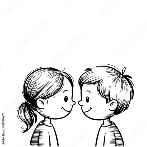 Sweet Connection: Two adorable children share an intimate moment, their eyes locked in a gaze of pure innocence. This enchanting monochrome illustration captures the essence of their bond.