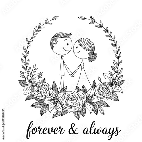 Timeless Embrace: A hand-drawn sketch of a couple, entwined in a delicate floral wreath, a testament to enduring love. The image exudes a sense of tenderness and eternal commitment.