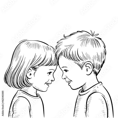 Childhood Connection: Two children, a boy and girl, share an intimate moment, their foreheads touching in a display of affection and pure friendship.