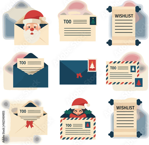 A collection of Christmas-themed icons featuring Santa Claus, an elf, letters, and wishlists.