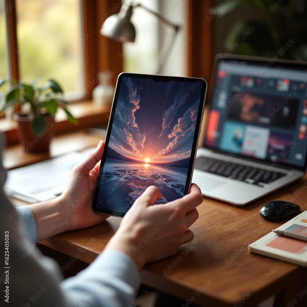 Sunset Reflected on Tablet Screen in Cozy Workspace Sunset Reflected on Tablet Screen in Cozy Workspace