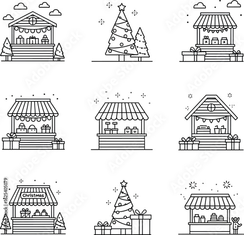 A set of black and white line art icons showing festive Christmas market stalls and decorated trees.