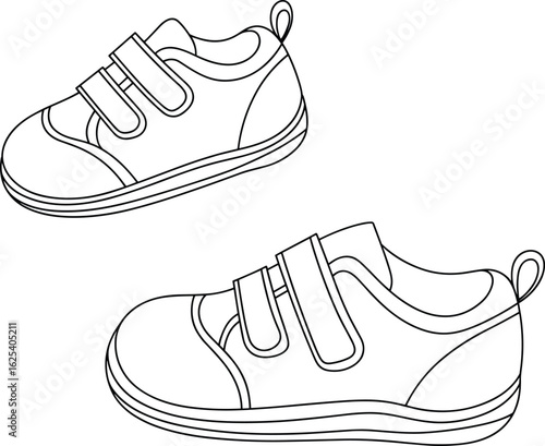 Stylish children's sneakers, velcro strap shoes, black and white outline, comfortable footwear, durable design, active kids wear, vector sketch, printable art