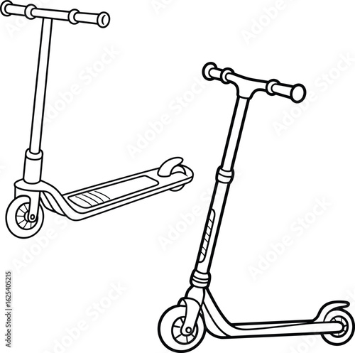 Modern kick scooter illustration, black and white sketch, urban commuting gear, eco-friendly transport, outdoor fun, sleek design, vector drawing, mobility solution