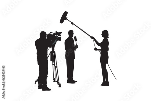 Silhouettes of a camera operator filming a reporter holding a microphone with a boom microphone operator capturing audio for a media production