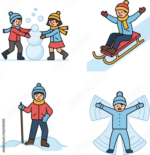 A set of four illustrations showing children enjoying winter activities like building a snowman, sledding, hiking, and making a snow angel.